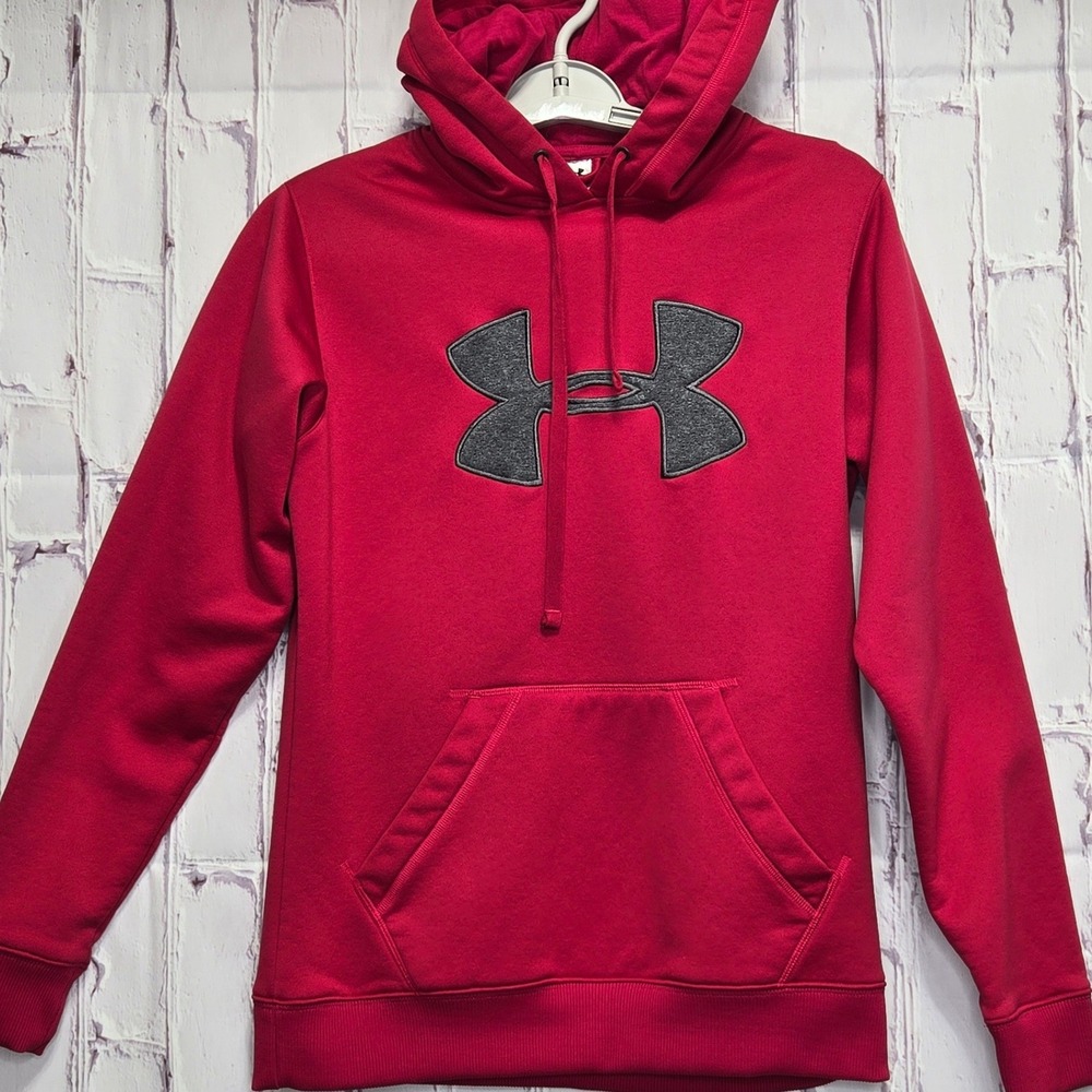Under Armour Womens Redish‎ Pink Fleece Logo Hoodie Sweatshirt Small Semi-Fitted